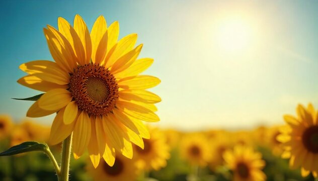 Fototapeta Close-up of a single, vibrant sunflower facing the sun, symbolizing optimism and the promise of a brighter future  Perfect for themes of hope, resilience, and new beginnings , yellow, botanical