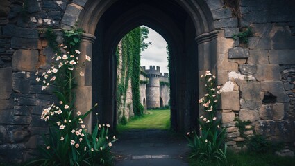 Obraz premium The image was taken at the entrance to a castle, showing flowers sprouting through the walls of the old castle.