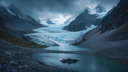 Scenery of Mountains During Trekking in Valley to Glacier with Little Lake at Foot of Glacier in National Park and Empty Space for Text