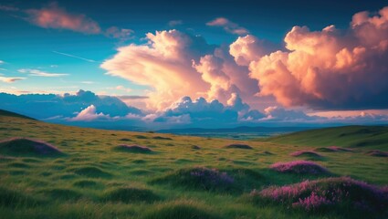 Fototapeta premium Skyline, Cloudscape And Meadow In Highland with vibrant clouds and a lush green landscape.