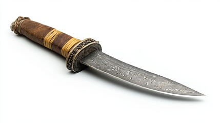 Elegant Handcrafted Damascus Steel Knife with Intricate Patterned Blade and Rich Brown Leather Handle Detailed Close Up Studio Shot High Resolution Image Perfect for Design        