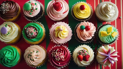 Assorted delicious cupcakes on red and green background, top view with blank space for text