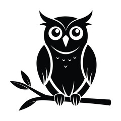 Owl Perched on a Branch Vector Silhouette on White Background