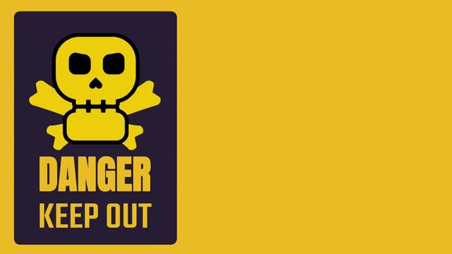A centered yellow sign framed in black featuring a skull symbol with 'Danger Keep Out' warning for secure and restricted environments