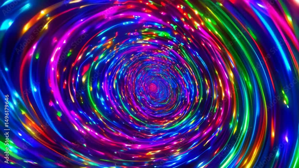 Poster swirling colorful light streaks form an animated tunnel vision effect with a psychedelic and mesmeri