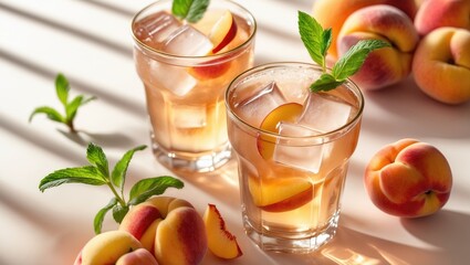 Two glasses with peach tea with ice and mint, featuring fresh fruits and shadows. Vegetarian and healthy homemade cold drink on a light background with front view and copy space