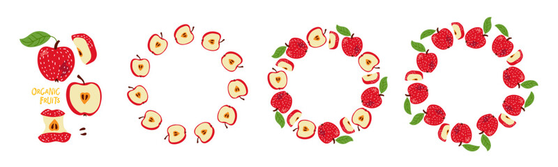 Apple organic fruits. Round frame set and composition of apples. Round frames isolated with copy space. Summer background with chopped and whole apples and leaves for banner, label, invitation, card.