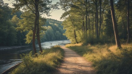 Obraz premium Scenic and beautiful tourist path in the woods beside a river - retro, vintage aesthetic.