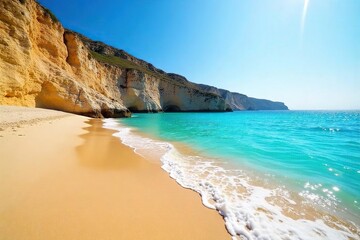 Obraz premium Sun-drenched Maltese beach, turquoise water laps golden sand, dramatic cliffs in the background Perfect summer getaway Idyllic seascape , island, tranquil, relaxation