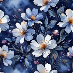 seamless floral pattern of white flowers with orange stamens on dark blue background for wallpaper or fabric