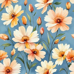seamless floral pattern of orange and white flowers on light blue background for wallpaper or fabric