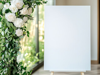 blank wedding welcome vertical sign with floral decorations in modern outdoor setting, white screen paper art painted vertical canvas mockup, park forest background with floral wedding setting