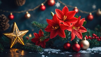 December Flower, Scadoxus Multiflorus, Amaryllidaceae. Red Flower, Christmas Star, And Decorative Background with Empty Copy Space For Text