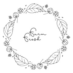 Round Strawberry Plant frame Doodle sketch. Strawberries wreath with leaves, berry and flower. Black and white wreath hand drawn. Vector Farm Fresh print for invitation. Hollyday border with berries.