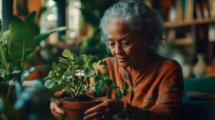 Elderly woman tending a houseplant in a living space.