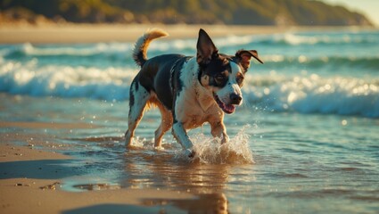 Dog Play Water On Beach with Empty Copy Space For Text