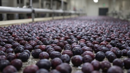 Fototapeta premium Fresh plums moving on conveyor belt under bright lights in industrial setting showcasing vibrant colors and freshness