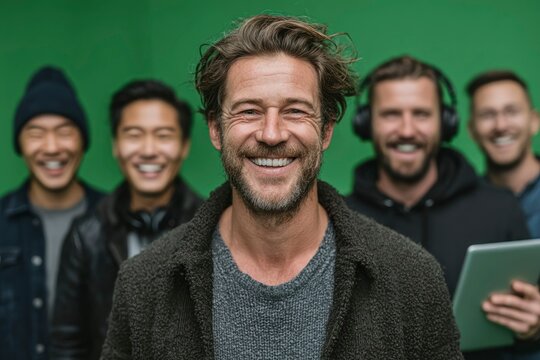 Group of smiling men in front of a green screen perfect for technology and creative projects - Powered by Adobe