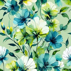 seamless floral pattern of blue and yellow flowers on light green background for wallpaper or fabric