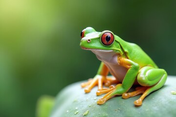 Fototapeta premium Green tree frog perched on white, vibrant skin, high resolution, branch