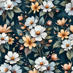 seamless floral pattern with dark blue background for wallpaper or fabric