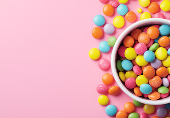 Obraz premium Overhead view shows colorful candies spilling from a white bowl onto a pink surface with empty space left.