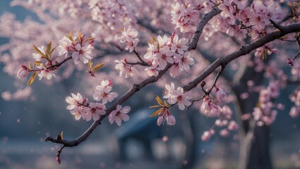 Obraz premium A branch of blossoming tree during spring with pink flowers and leaves.