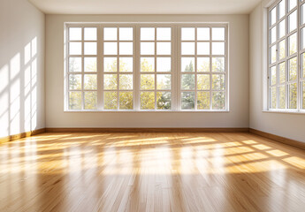 Obraz premium Bright sunlight illuminates the gleaming hardwood floor of an empty room with large window overlooking trees.