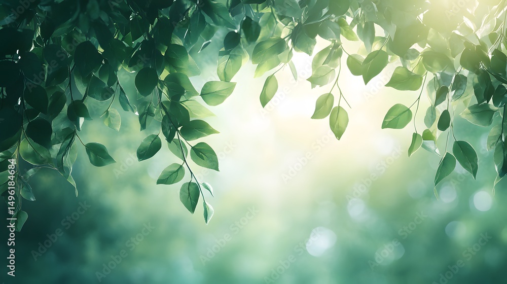 Poster lush foliage frame with soft sunlight filtering through greenery.