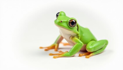 Obraz premium Single bright green frog on pure white backdrop, sitting, adorable