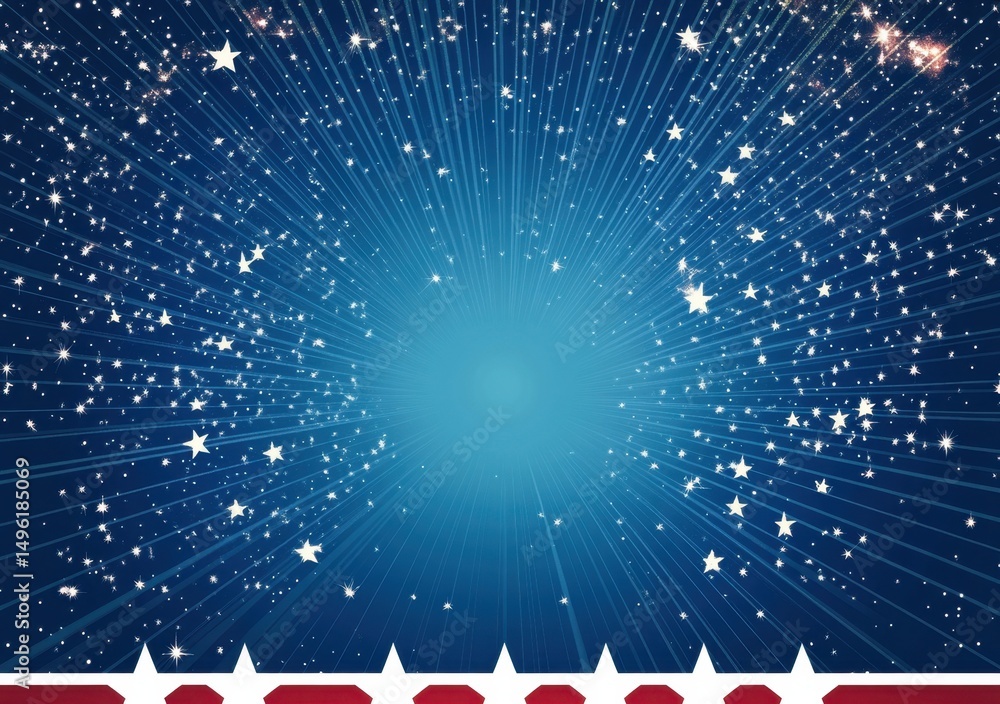 Poster blue background with red and white stars in the bottom border, rays of light radiating from the cent