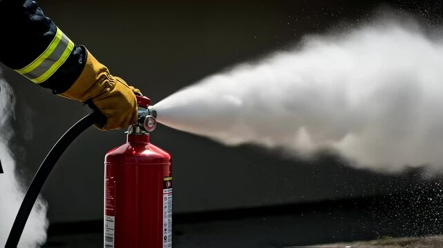 Closeup of a person's hand using a fire extinguisher spray with a spreading foam