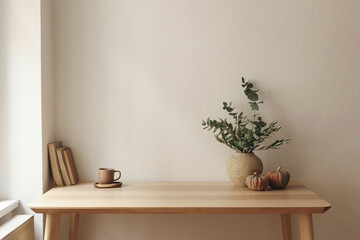 Autumn interior still life. Vase with eucalyptus, olive tree branches, pumpkins. Cup of tea,...