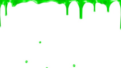 Bright green dripping slime hanging from top edge with glossy drops suspended in mid-air on pure white background. Concept of horror, slime effect and toxic liquid visual , animation loop
 - Powered by Adobe