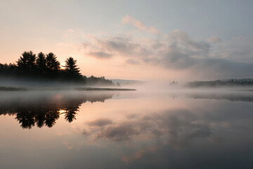 Fototapeta premium serene dawn over tranquil lake with soft pastel colors illuminating sky