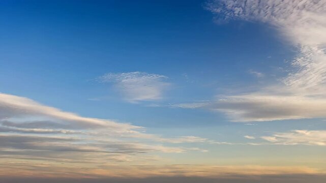 Serene sky featuring various types of clouds in a calming blue atmosphere at golden hour with a warm horizon.