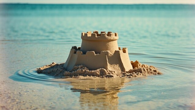 Small, simple bucket-shaped sand castle surrounded by clear calm water on the beach with empty copy space for text.