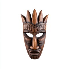 Wooden african mask carving detail on white background