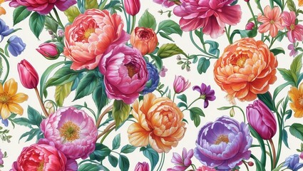 vibrant seamless floral pattern featuring a variety of colorful flowers like roses, peonies, daisies, and tulips. Each flower intricately illustrated rich textures, delicate petals, realistic shading