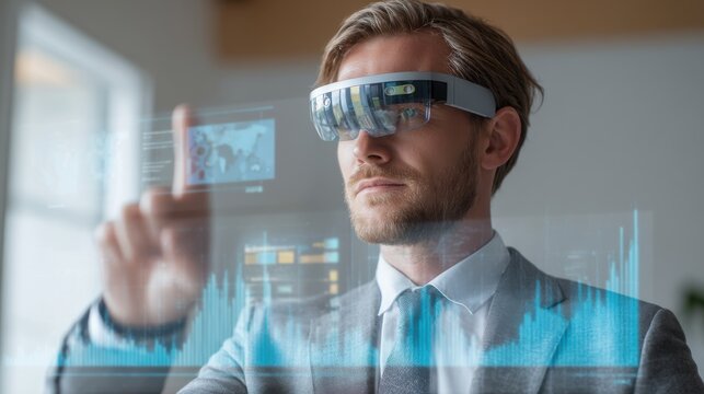 Man interacts with data projection, showcasing the blend of advanced AR visualization with modern work environment.