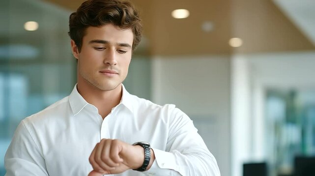 1_Employee checking digital wall clock in modern office hallway