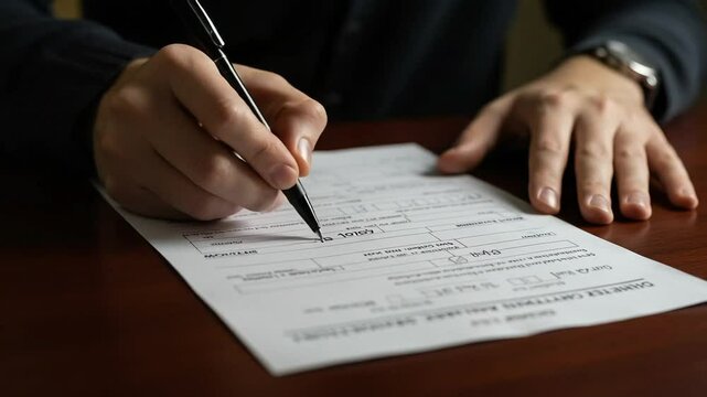 Close-up footage of a customs declaration form being completed.