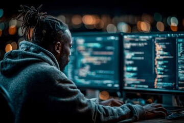 Fototapeta premium Focused Programmer Working on Multiple Monitors in a Dark Room with Bokeh Lights