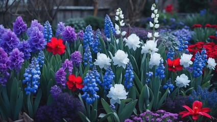 Spring Flowers in Violet, White-Blue, and Red Tones Blooming in the Garden on Flower Beds