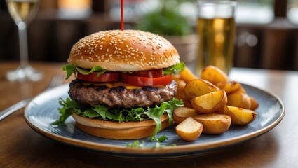 American burger with fried potato served on plate on table.