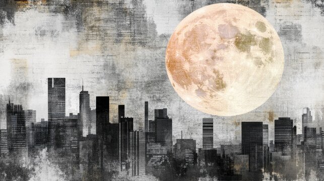Fototapeta Grunge cityscape illustration featuring a large moon.