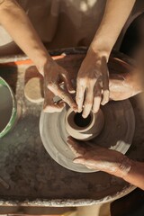 Potter teaching student how to mold clay on pottery wheel