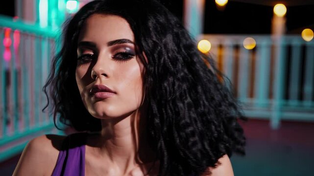 Beautiful brunette woman with voluminous natural curls and sultry expression, wearing a dark strappy outfit. Posing under nightclub lights with a colorful and moody background. Great for fashion, beau