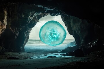 Fototapeta premium A luminous orb floats in the ocean, viewed from a dark cave entrance, creating a mystical scene.