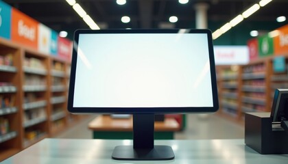 Blank screen monitor displayed on table in modern retail store  